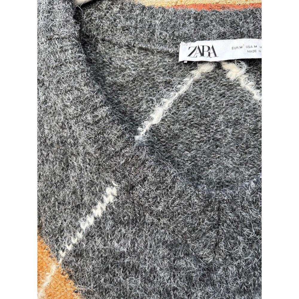 Zara Argyle Knit Sweater Gray Brown Diamond Pattern Soft Fuzzy Womens M - Picture 8 of 8